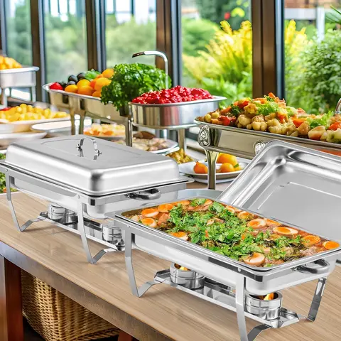 4-Pack 8-Quart Stainless Steel Chafing Dishes - Silver Portable Hot Water Warm Food Warmers with Lids, Anti-Scald Handles, Pans, Foldable Frame, Temperature Control, Chill-Ready Kitchenware, Easy Setup 4-Dish Buffet Set, Bakeware Sets