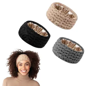 Women's Satin Lined Winter Headband, Silk Inner Ear Warmer Accessory, Suitable for Natural Curls and Ponytail Styles