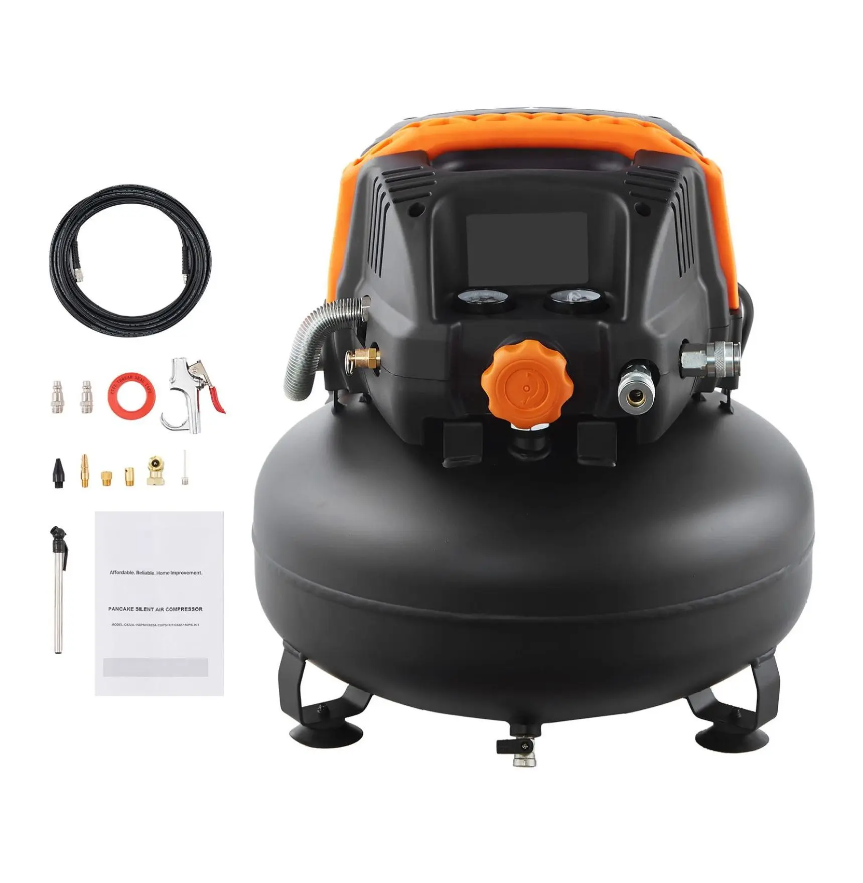 6 Gallon Air Compressor, 1.7HP 2.3CFM@90PSI Portable Pancake Compressor with 12-Piece Kit 25 ft Hose Kit 2.6 CMF