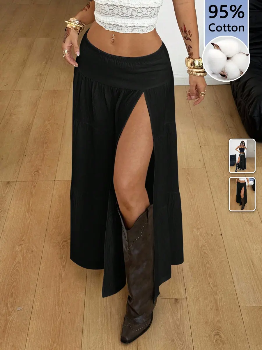 BLUELIFE Boho Maxi Skirt Lace Slit Flowy Y2K Beach Vacation Festival Back to School