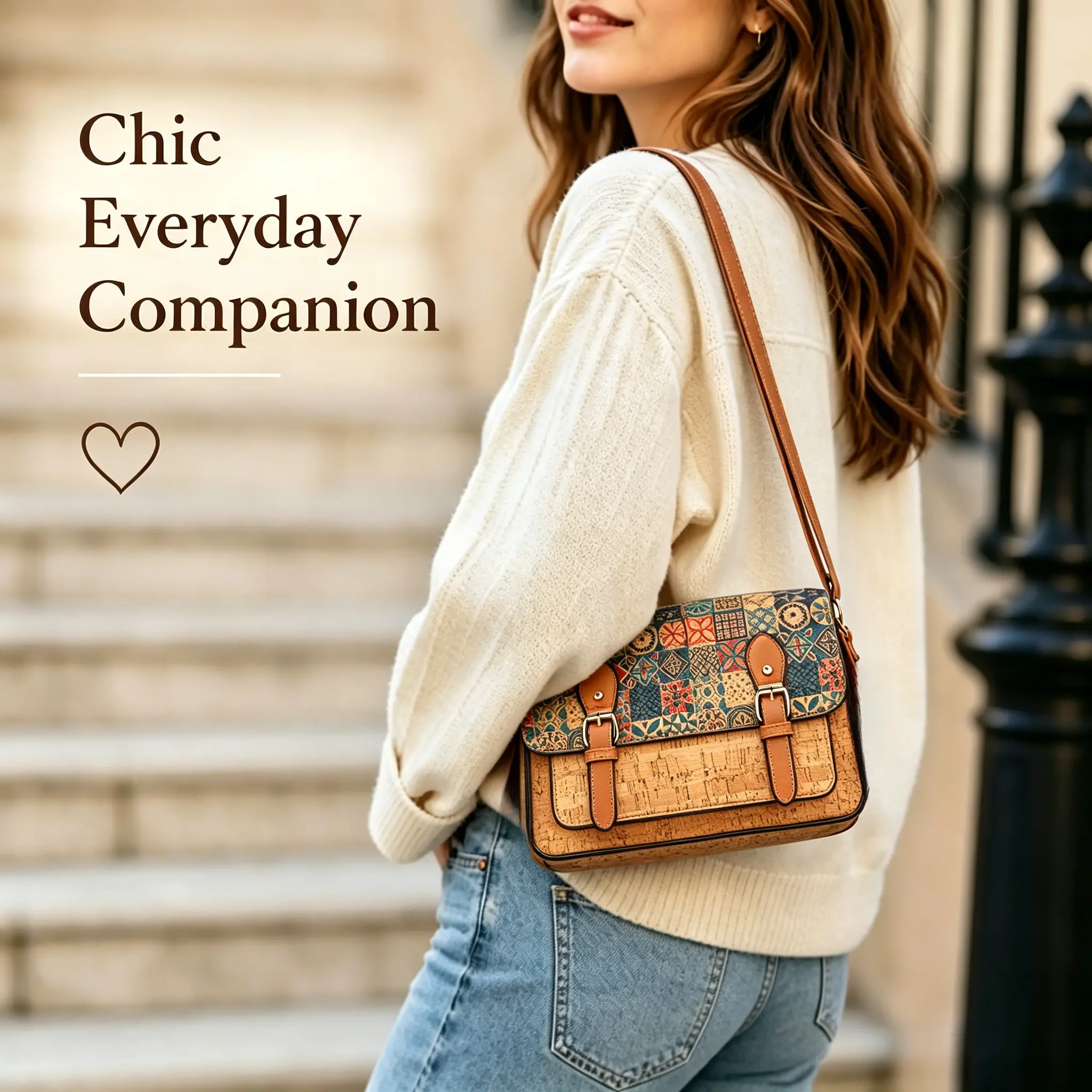 Vintage Bohemian Printed Cork Crossbody Bag, Large Capacity Casual Artistic Messenger Bag, Elegant Ethnic Style Flap Shoulder Purse, Everyday Commuter Handbag