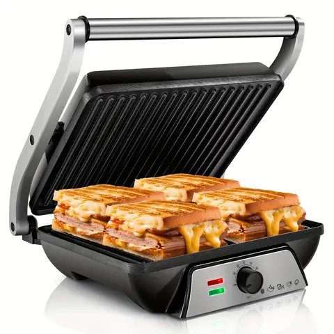 Electric Gourmet Grill Master - 3-in-1 Panini Press with Non-Stick Cooking Plates, 180-Degree Opening, Floating Hinge for Versatile Food Options, Grease Tray for Easy Cleaning, and Space-Saving Design for Indoor Use