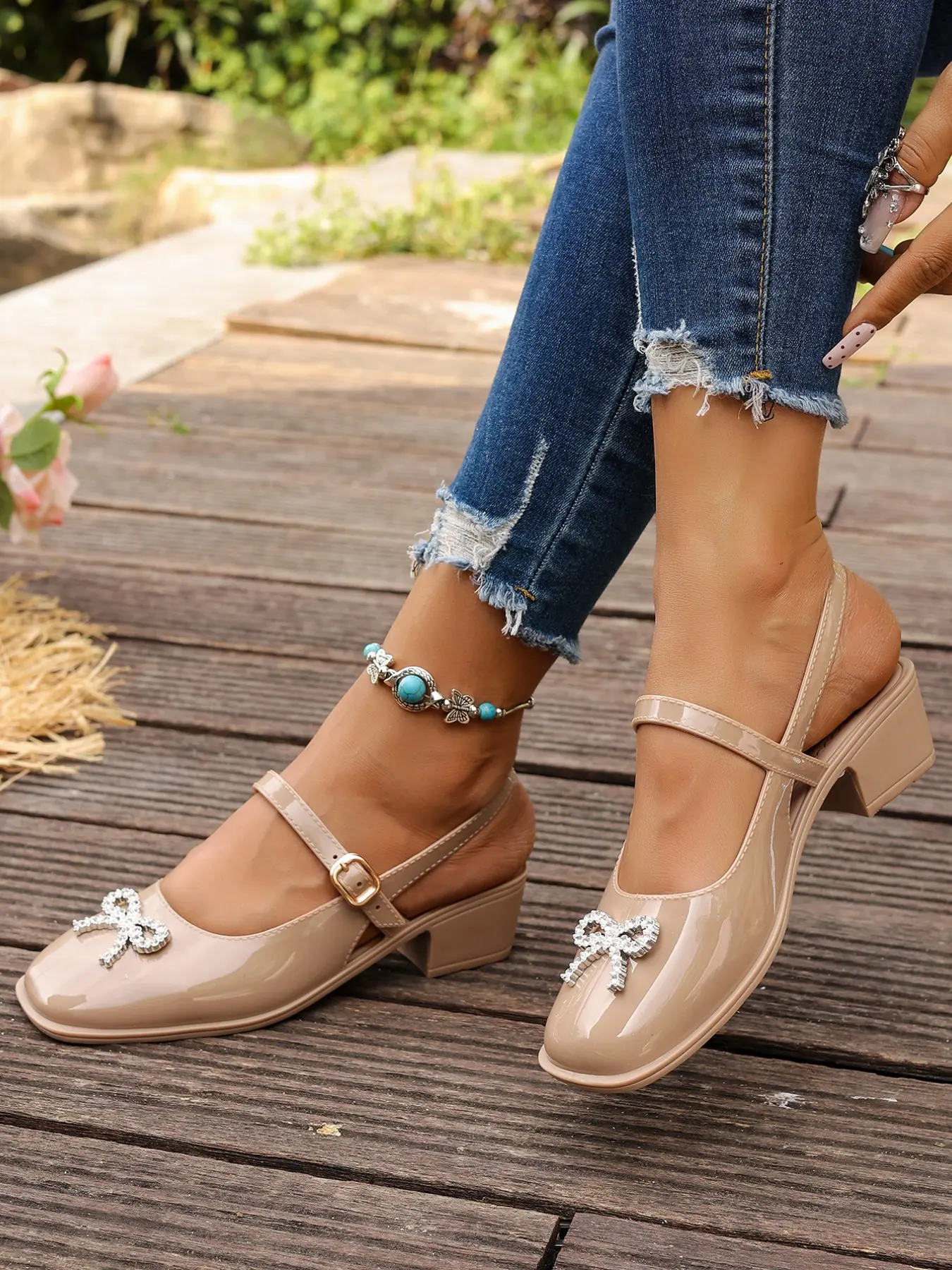 New Versatile PU Leather Mary Jane Shoes for Women, Mid Heel Thick Sole, Rhinestone Bow Design, All Seasons Casual Footwear