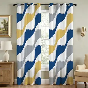 Blackout Blue Yellow Grey Abstract Wave Curtains, Light Blocking Color Block Curved Stripe Window Drapes for Bedroom Living Room, 2 Panels