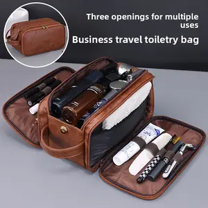 Three-compartment multifunctional PU men's toiletry bag, large-capacity cosmetic storage bag