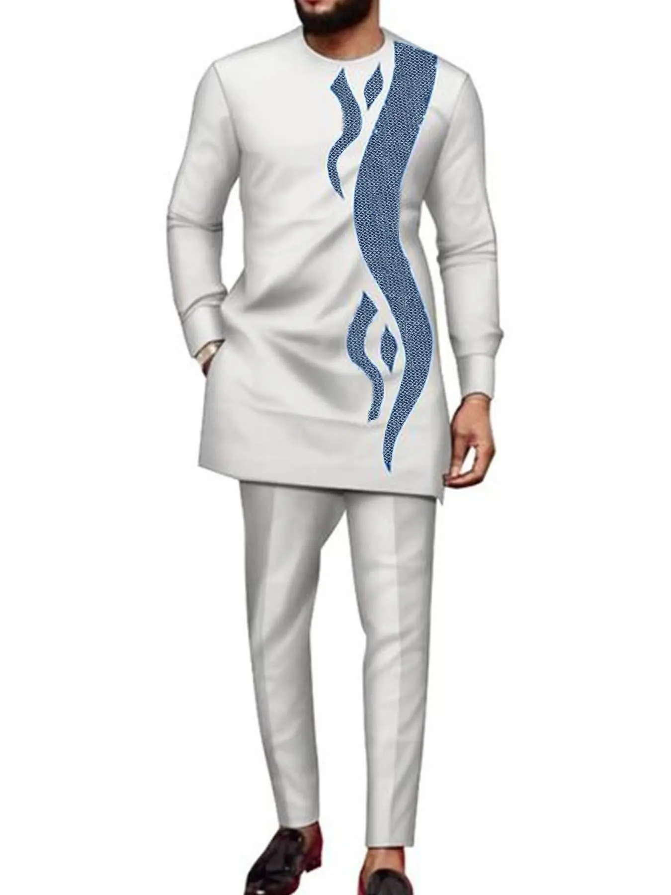 Traditional Muslim Set African Style Men's Wedding New Formal Suit 2-Piece Round Neck Long Sleeve Top and Pants Outfits Clothing