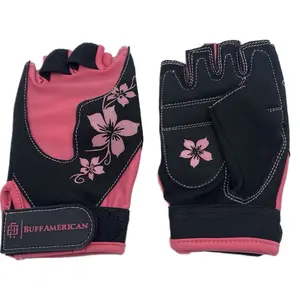 BUFF AMERICAN Weight Lifting Gloves with Silicone Flower Designs, Black and Pink Color Scheme, Comfortable Fit, Durable Material ideal for lite workout.