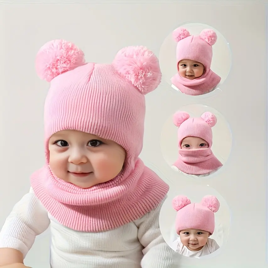 (New) 1pc Pom-Poms Kids' Balaclava Beanie with Neck Warmer - Soft Stretchy Knitted Winter Hat for 0-3 Years, White with Black Stripes, Perfect for Autumn Winter, Casual Wear, Holiday Gifts, Pom-Poms Kids' Hats