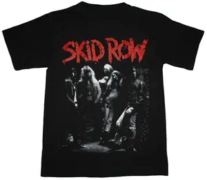 Vintage Skid Row Short Sleeve Cotton Black T-Shirt Collar Fabric