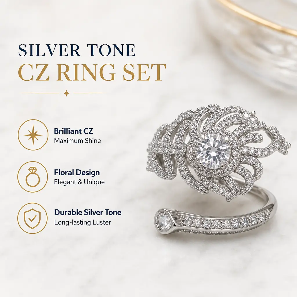 Women's Luxury Silver-Tone Copper-Base Open Cuff Crown Ring, Sparkling Inlaid Stones Adjustable Statement Costume Jewelry Gift
