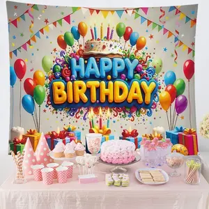 Happy Birthday Party Tapestry, Colorful Birthday Party Tapestry with Balloons and Cake Design, Wall Hanging for Celebration Decor Gift Room Display Backdrop, Banners