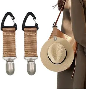 Fewile 2 Pack Elastic Hat Clip for Travel,Hat Holder,Hands Free Bag Accessory for Women,Outdoor Travel Accessory,Travel Hat Clip for Sunhat,Luggage,Bag,Backpack,Purse (Khaki)