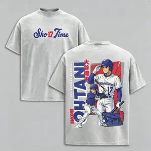 Wash Double Sided Shohei Ohtani Sho Time Anime Graphic T-Shirt, Los Angeles Baseball # 17 Front Back Print Oversized Tee, 100% Cotton Two-Way Player Fan Casual Short Sleeve Shirt
