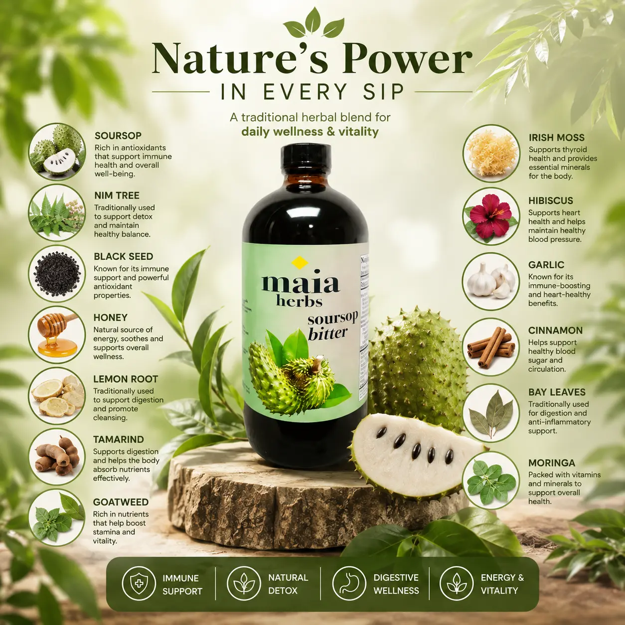 Maia Soursop Bitters 16oz – Herbal Digestive Bitters, Gut Health & Immune Support, Soursop Herbal Tonic