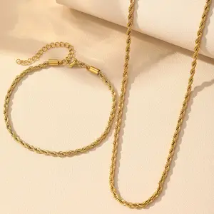 KEVERIE 14K Gold-Silver Plated Rope Chain Necklace and Bracelet Set, Adjustable Length, Unisex Matching Pair, Daily Wear Fashion Accessory Gift