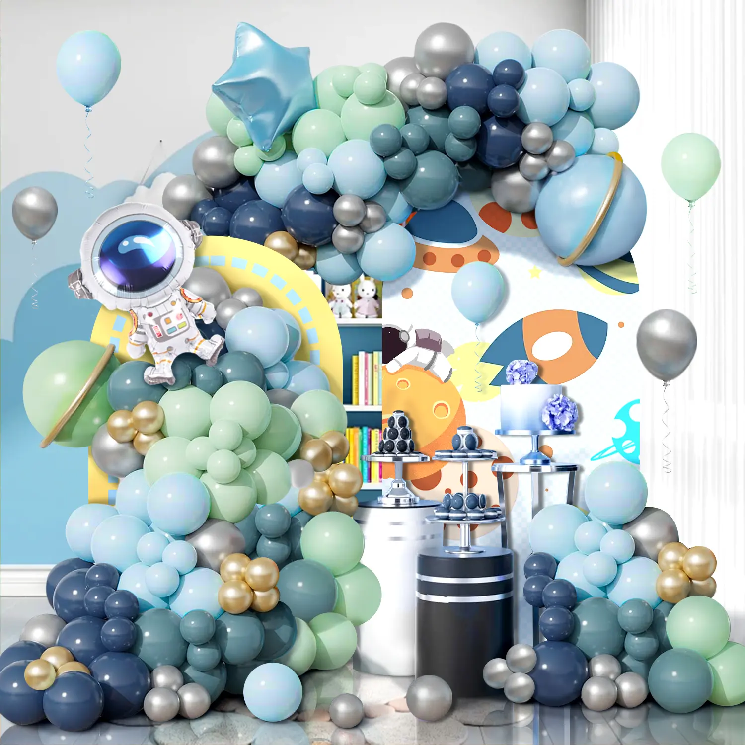 120PCS outer space themed balloon arch set, astronaut pentagram paired with blue-green silver Latex Balloons, perfect for children's space themed birthday parties, baby showers, shower parties, graduation ceremony party decorations