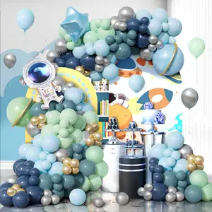 120PCS outer space themed balloon arch set, astronaut pentagram paired with blue-green silver balloons, perfect for children's space themed birthday parties, baby showers, shower parties, graduation ceremony party decorations