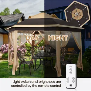 【Remote Control Light Gazebo】Yaheetech 13x13 Pop-up Gazebo Tent with Mesh Netting Sides, 25 Solar LED Lights, 3 Height Adjustable Features & Storage Bag