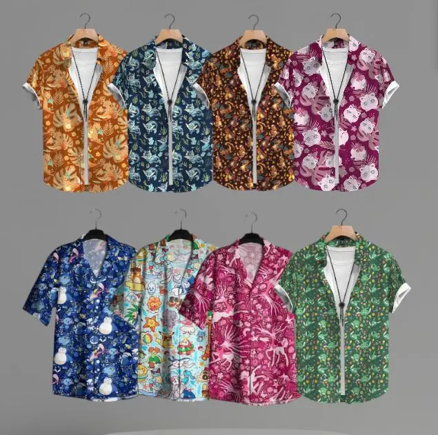 Pocket Pet Hawaiian Shirt, Colorful Cartoon Creature Aloha Button Down Shirt, Casual Summer Beach Camp Shirt #SummerStyle #AlohaShirt #ResortWear #HolidayLook