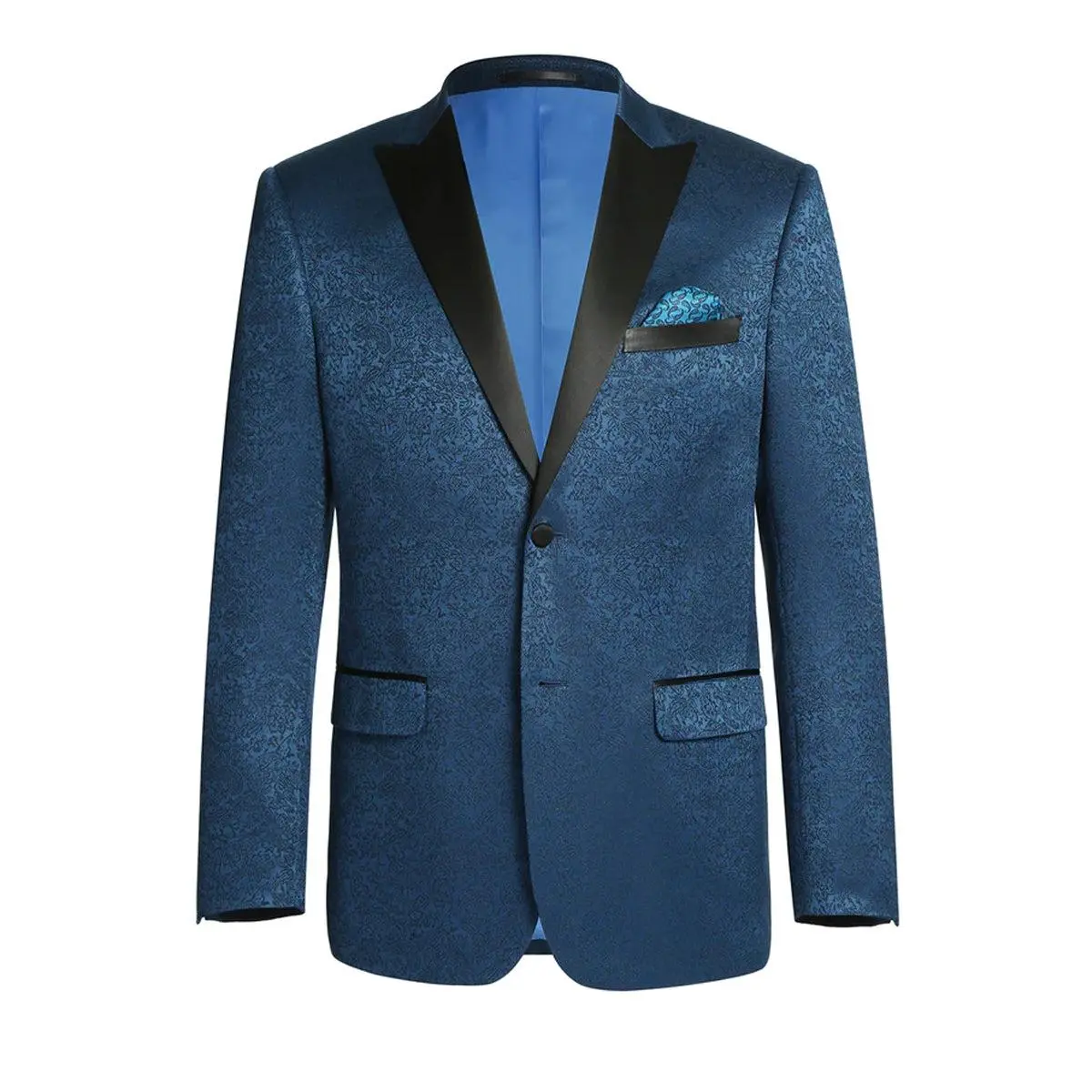 Mens Two Button Peak Lapel Paisley Prom Tuxedo Blazer in Teal Blue