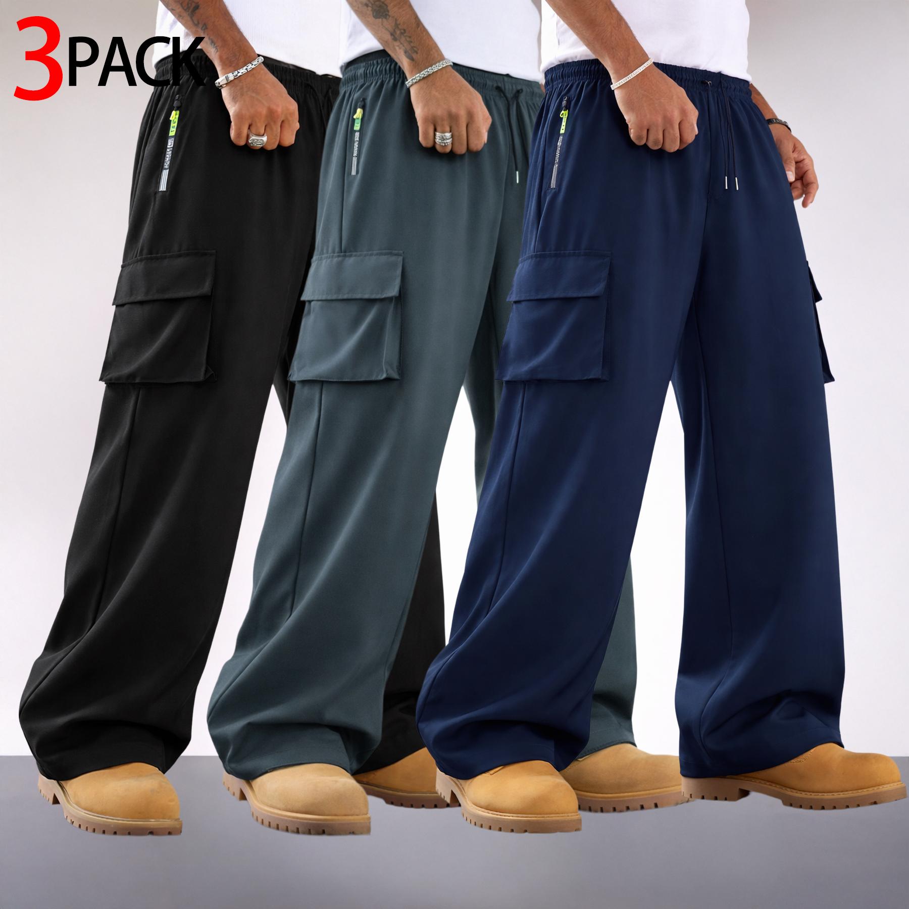 3-Pack Men’s Cargo Pants – Wide Leg, Drawstring, Multiple Pockets; Streetwear Utility Pants with a Loose Straight Fit, Zipper Pocket, and Large Flap Cargo Pockets; suitable for casual commuting, outdoor wear, and relaxed everyday outfits.