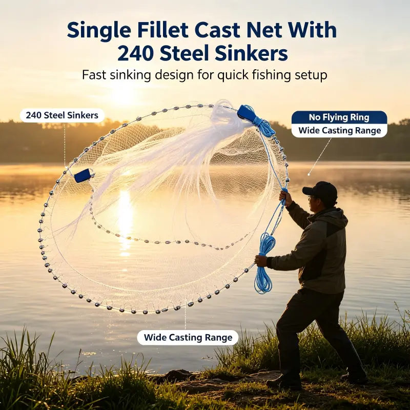 Heavy Duty Single Fillet Cast Net Equipped with 240 Evenly Distributed Steel Sinkers, 3/8 Inch Mesh Portable Hand Cast Fish Net with Wrist Strap & Braided Hand Rope