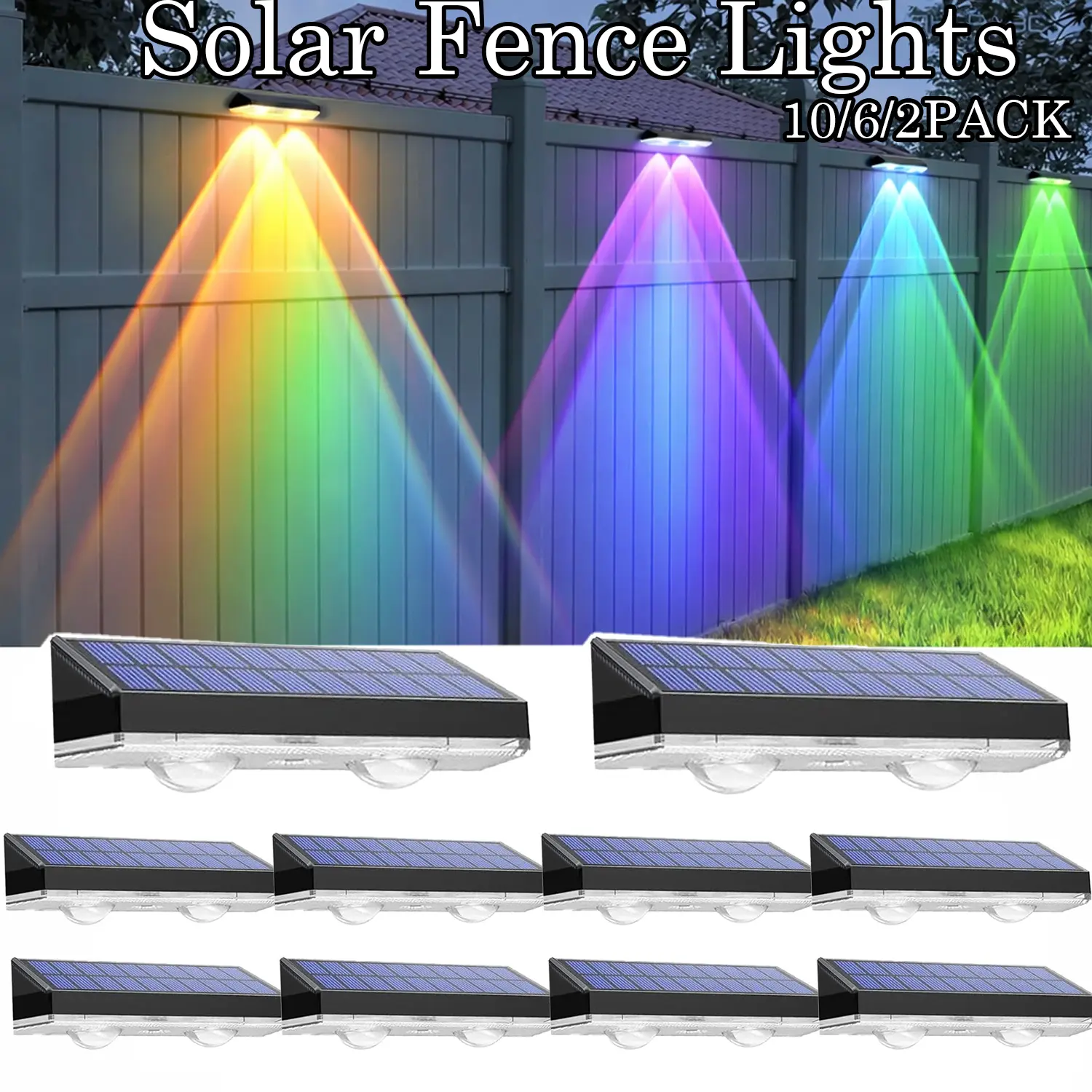 Solar Fence Lights - RGB Color-Changing 9 Colors, 11 Lighting Modes, IP44 Waterproof, 8 High-Efficiency LEDs, Solar Cells Powered, Steel Outdoor Wall Lights, Not Smart Devices, Simple to Use, Bright LED Lighting for Garden, Powered By Solar Energy