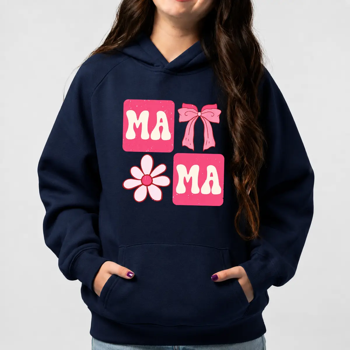 Mama Hoodie, Cute Mama Graphic Hoodie, Retro Pink Bow Sweatshirt, Floral Mama Pullover, Coquette Mom Hoodie, Mother's Day Gift Hoodie, Trendy Front Print Sweatshirt, Cute Mom Apparel For Women