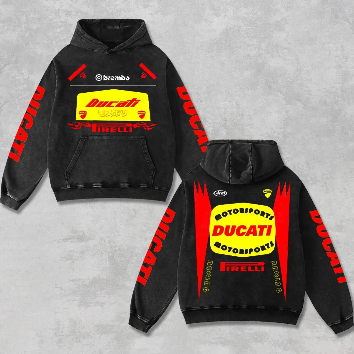 Retro Ducati Racing Washed Hoodie Vintage Motorcycle Graphic Hooded Sweatshirt for Biker Fans Off Road Dirt Bike Streetwear Heavyweight Unisex Pullover Grunge Y2K Moto Racing Apparel Motor Championship Inspired Hoodie Gift for Men Women USA Style