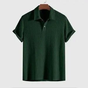 Men's plain weave jacquard knitted polo shirt, summer regular fit casual short sleeved button top, fashionable men's clothing for daily wear, green top, soft and comfortable skin friendly fabricRAIMENTRY