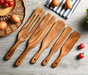Wooden Spurtles Set for Cooking, 5 Pcs Natural Teak Wood Slotted Spurtles for Stirring, Mixing, Serving, Non-Stick Heat-Resistant Kitchen Utensils Tools