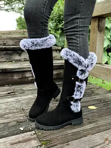 Women's Faux Fur Lined Mid-Calf Snow Boots, Textile Material, Round Toe, Thick Sole, Casual Style, Warm Winter Shoes for Cold Weather, Winter Booties
