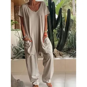 Women's Light Blue V-Neck Short Sleeve Jumpsuit with Side Pockets - Casual Loose Fit, Wide Leg Design, Soft Polyester Blend for Spring/Summer