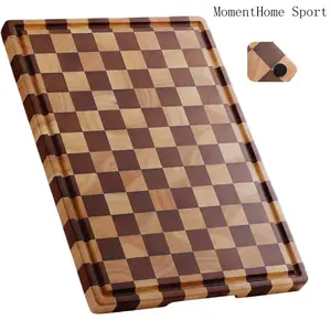 Checkerboard Kitchen Wooden Cutting Board, Large Wood Chopping Board with Grooves and Handle, Ideal for Meat, Vegetables, Fruits, Cheese