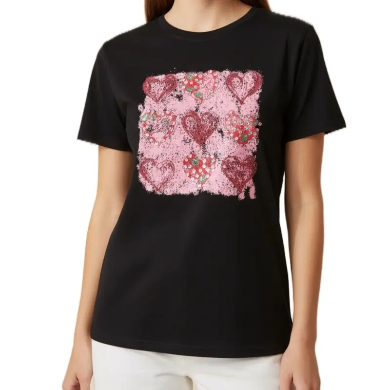 NOA078-Beautiful basic t-shirt with a heart print and rhinestones 95%Cotton 5%Elastane