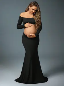 ELLIOTTWII 1 Set Maternity Photoshoot Off Shoulder Long Sleeve Top And Elastic Waist Mermaid Skirt, Suitable For Photography, Portrait, Black