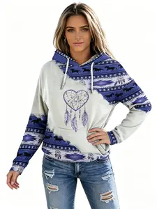 Women's Boho Navajo Aztec Horse Print Hoodie,Color Block Tribal Geometric Graphic Sweatshirt,Vintage Western Long Sleeve Hooded Pullover,Womenswear Spring & Fall Casual Top