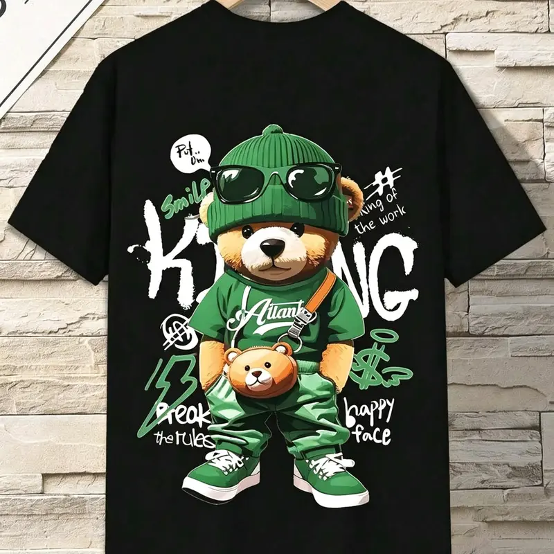 Women's 100% Breathable Cotton Short-Sleeve Casual Cotton Tee - Relaxed Fit, Regular Length, Round/Crew Neck Streetwear Top with Animal (Bear) & Alphabet Print Letters, 3XL-5XL All Seasons Plus Size Top