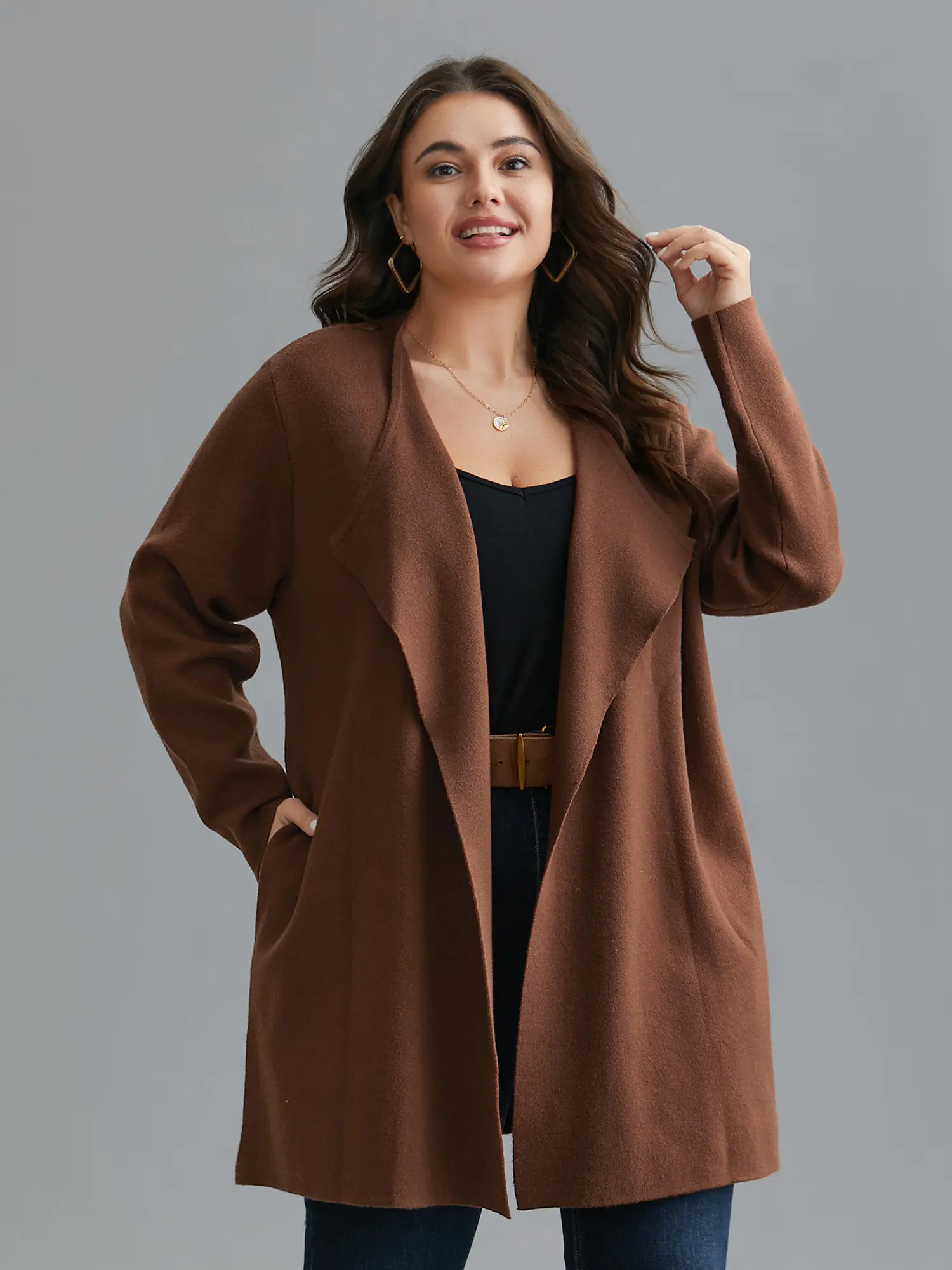 Women's Simple Knit Cardigan, Plus Size Breathable Butter-Soft Open Front Tunic with Lapel Collar, Long Sleeves and Pockets