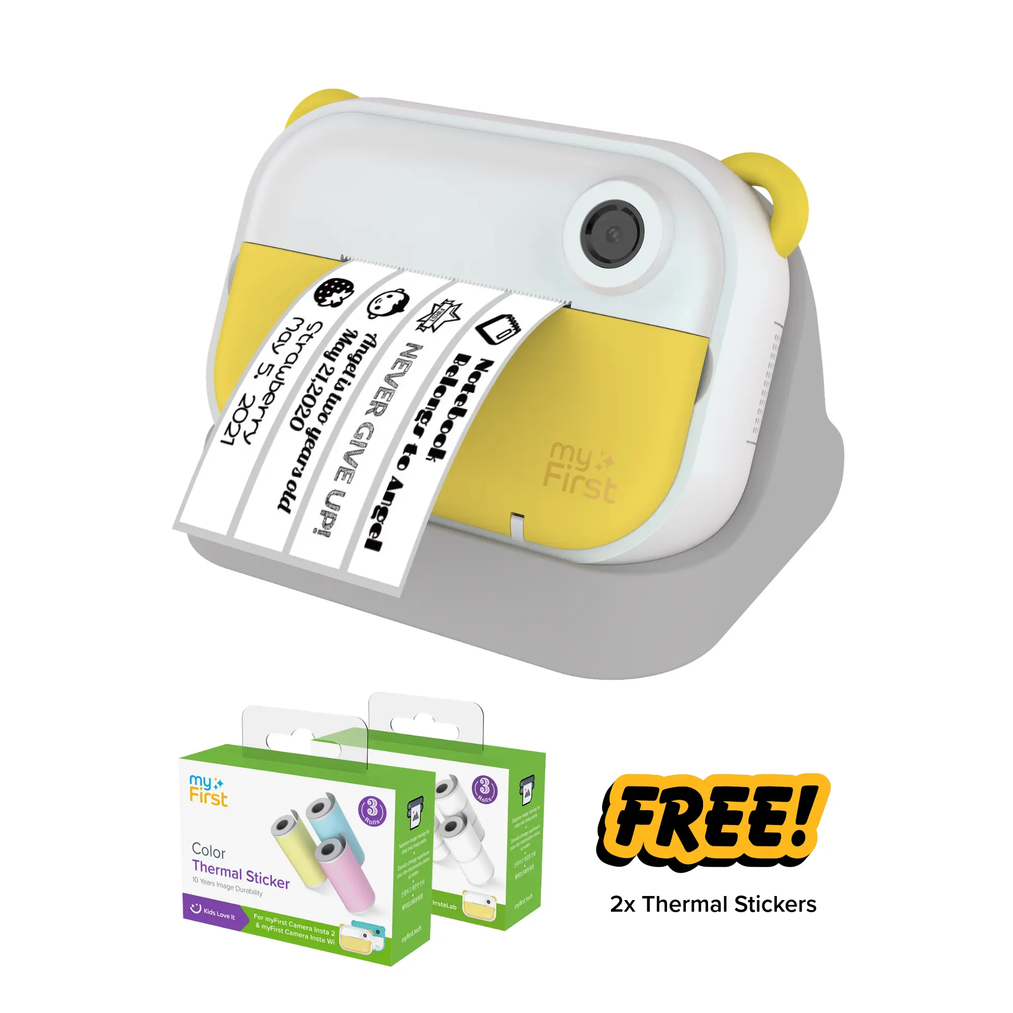 myFirst Insta Wi 2-in-1 Instant Print Camera & Thermal Label Maker for Kids - 12MP, 1080p, Plastic Body, USB, Adjustable Cradle, Lunch Boxes Compatibility, SD Card Reader, Wireless Send, Thermal Paper