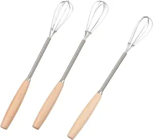 3Pcs Whisk With Solid Wood Handle Kitchen Mini Stainless Steel Egg Beater
