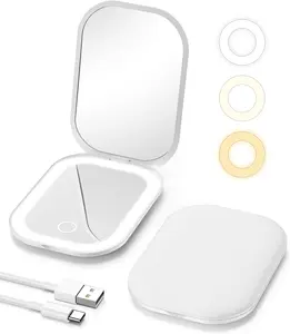 Rechargeable Lighted Travel Hand Mirror, 1X/3X Magnification, Stepless Dimming, 3 Color Adjustable Lights, Compact Size for Purse & Portable Beauty Use, Rechargeable Lighted Mirror