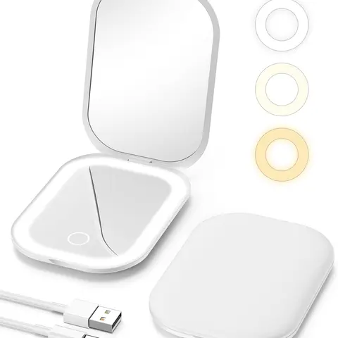 Rechargeable Lighted Travel Hand Mirror, 1X/3X Magnification, Stepless Dimming, 3 Color Adjustable Lights, Compact Size for Purse & Portable Beauty Use, Rechargeable Lighted Mirror