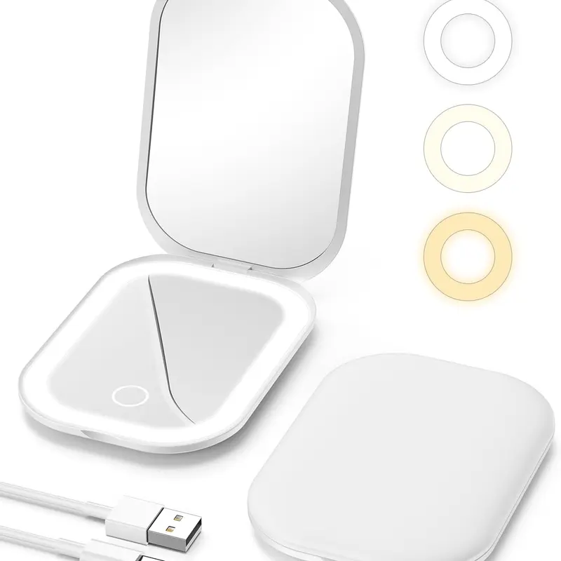 Rechargeable Lighted Travel Hand Mirror, 1X/3X Magnification, Stepless Dimming, 3 Color Adjustable Lights, Compact Size for Purse & Portable Beauty Use, Rechargeable Lighted Mirror