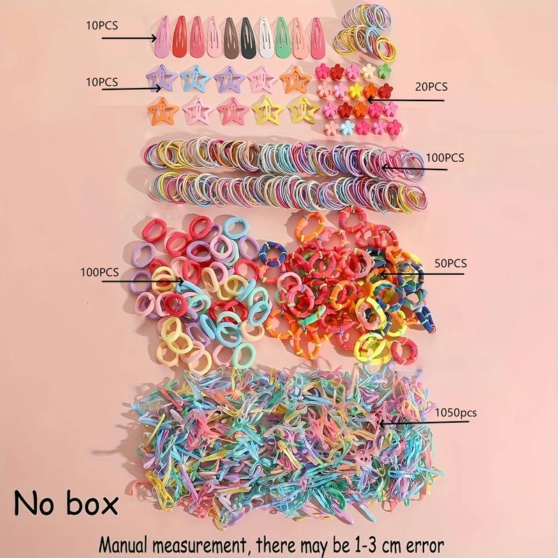 1340pcs（NO BOX） Dopamine Minimalist & Stylish Elastic Colored Hair Band & Clip Set for Girls Includes Water Drop Star Flower Clips And Hair Bands Integrated with Rubber Bands Suitable for All Four Seasons Random Colors Excellent Gift Choice