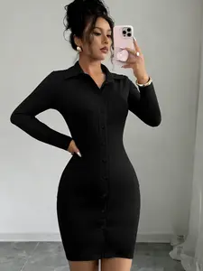 Women's Slim-Fitting Button-Up Long Sleeve Shirt Dress, Pure Color Solid Design, Ideal for Casual & Formal Wear, Perfect for Daily