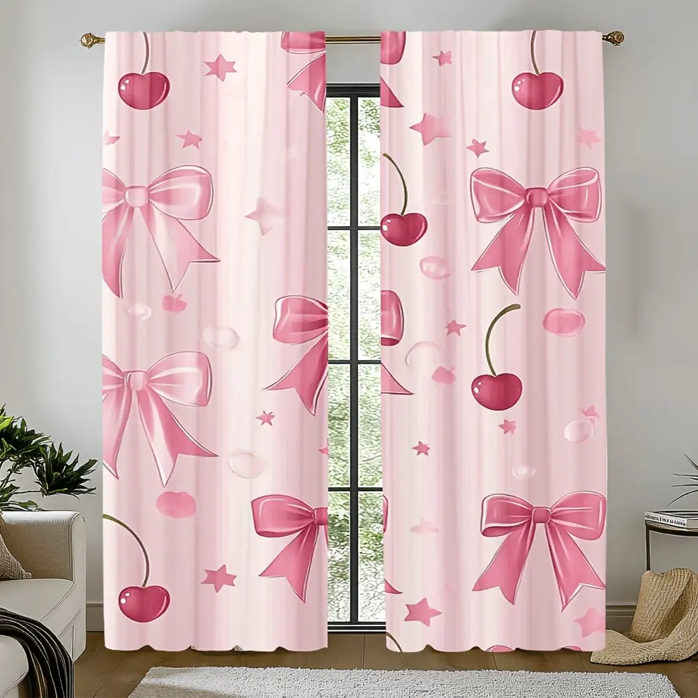 2-Piece set, cherry bow and star pattern curtains - pink bow, translucent rod mouth window decoration, suitable for bedroom living room kitchen study home decoration - machine washable modern home decoration, fun design, room decoration.