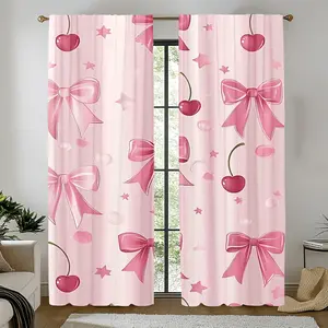 2-Piece set, cherry bow and star pattern curtains - pink bow, translucent rod mouth window decoration, suitable for bedroom living room kitchen study home decoration - machine washable modern home decoration, fun design, room decoration.