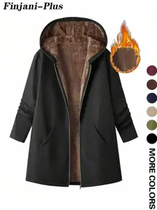Plus Size Women's Hooded Zipper Jacket, Casual Long Sleeve Plain Coat for Fall & Winter, Loose-Fitting Ladies Outerwear