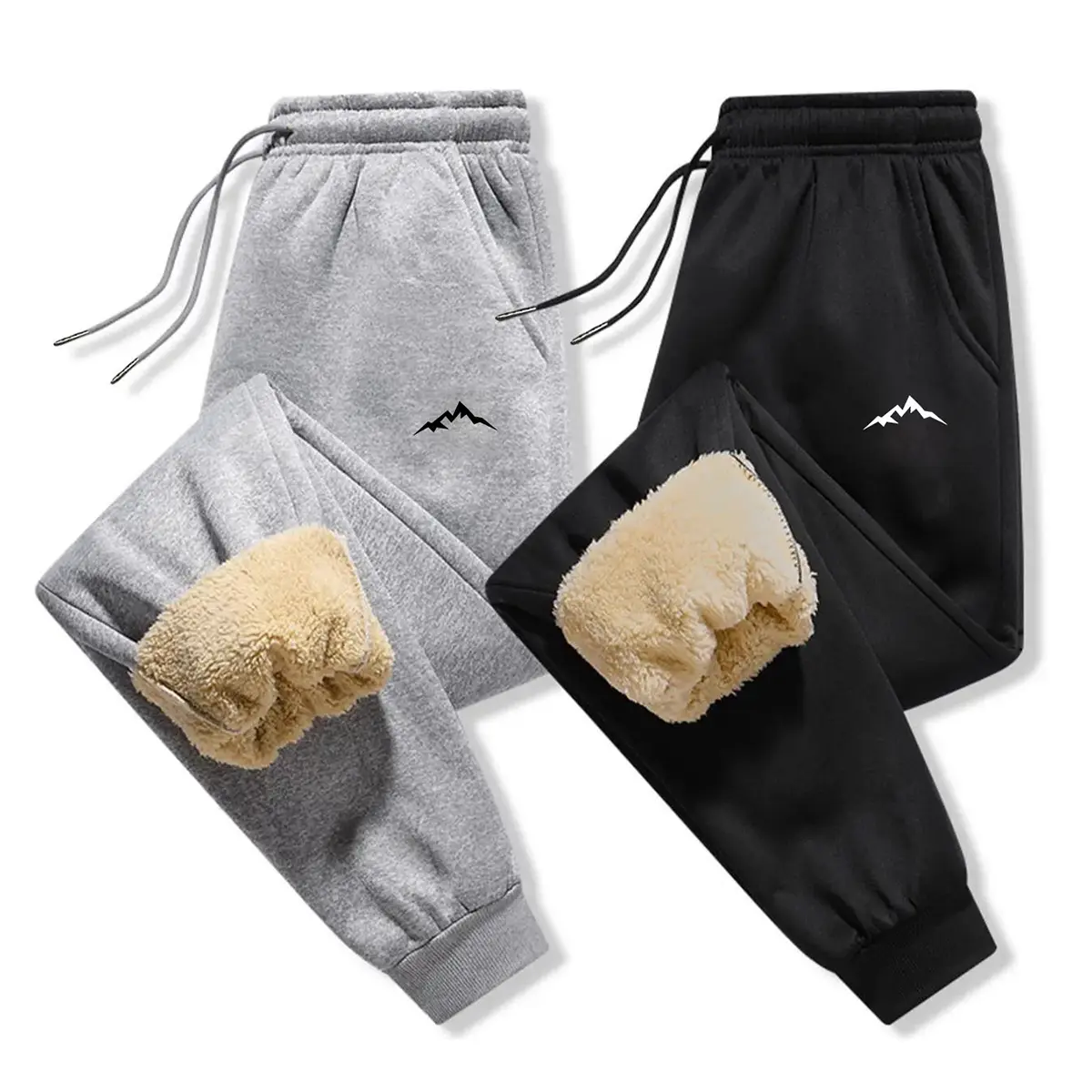 Male Fluffy Fleece-Lined Sports Jogger Sweatpants - Casual Comfy Sporty Elastic Waist Pants, Men's Cold Wash Cozy Winter Streetwear Bottoms, Essential Sweatpants, Machine Washable, All Seasons, Soft Fleece Feels Gentle, Fitted Cut, Floral, Male Wear, Poly